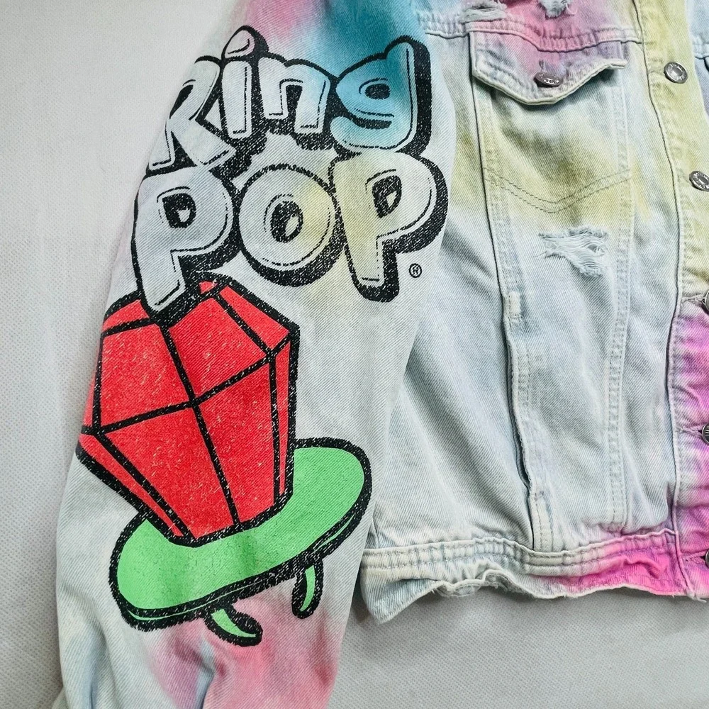 Justice Denim Jacket Girls Medium 10 Bazooka Ring Pop Tie Dye Distressed Grunge